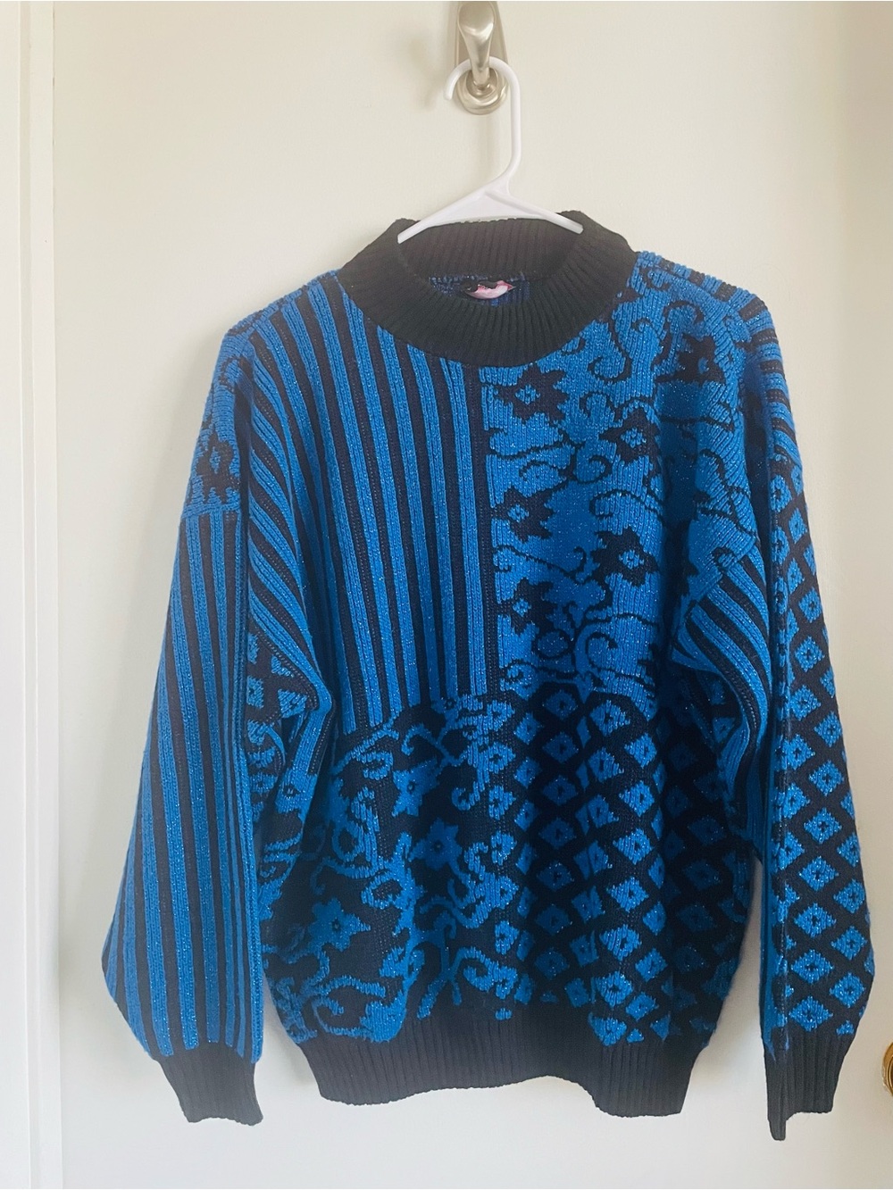 Blue & Black Mixed-Pattern Crewneck Sweater